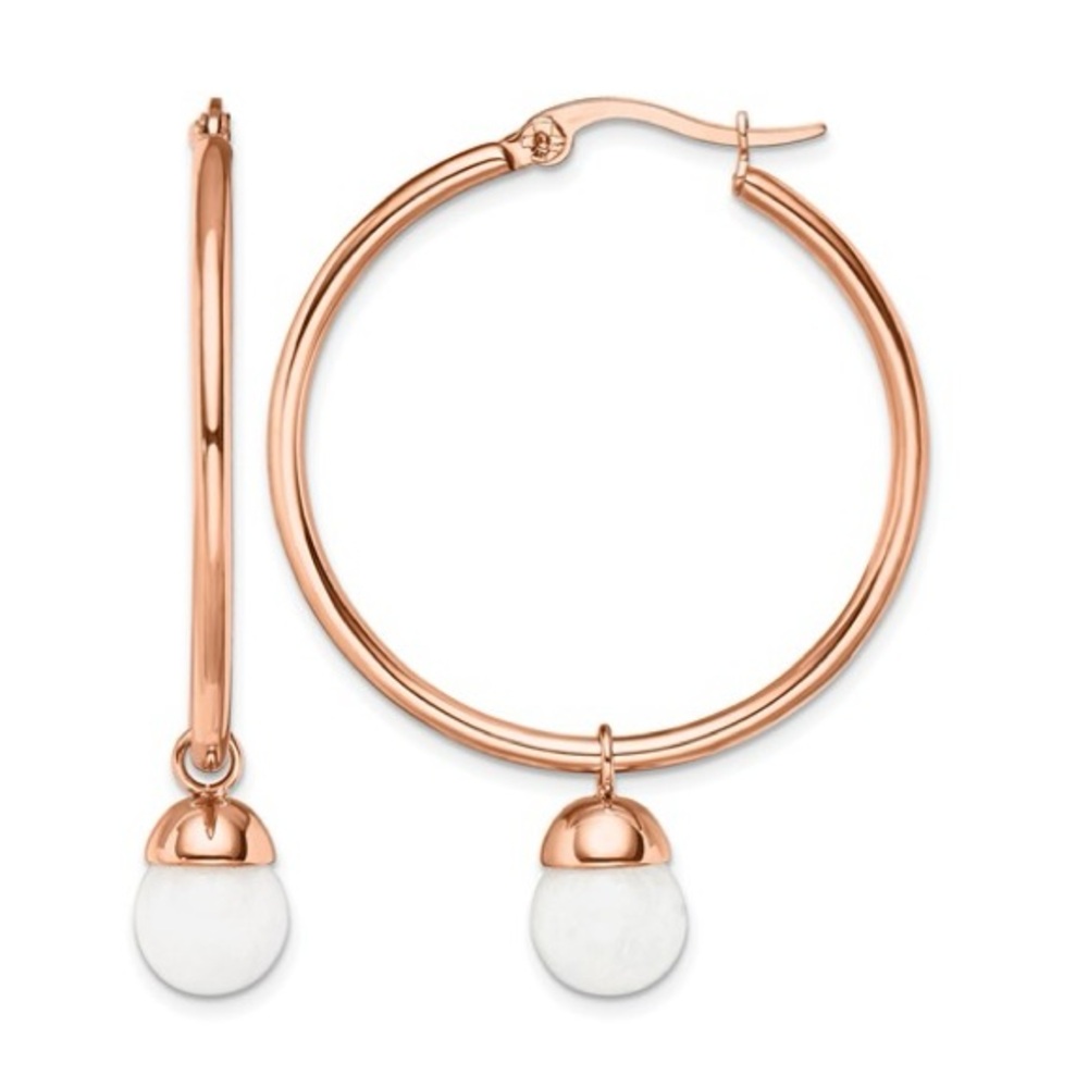 Chisel Stainless Steel Rose IP-Plated Polished White Jade Dangle Hoop Earrings